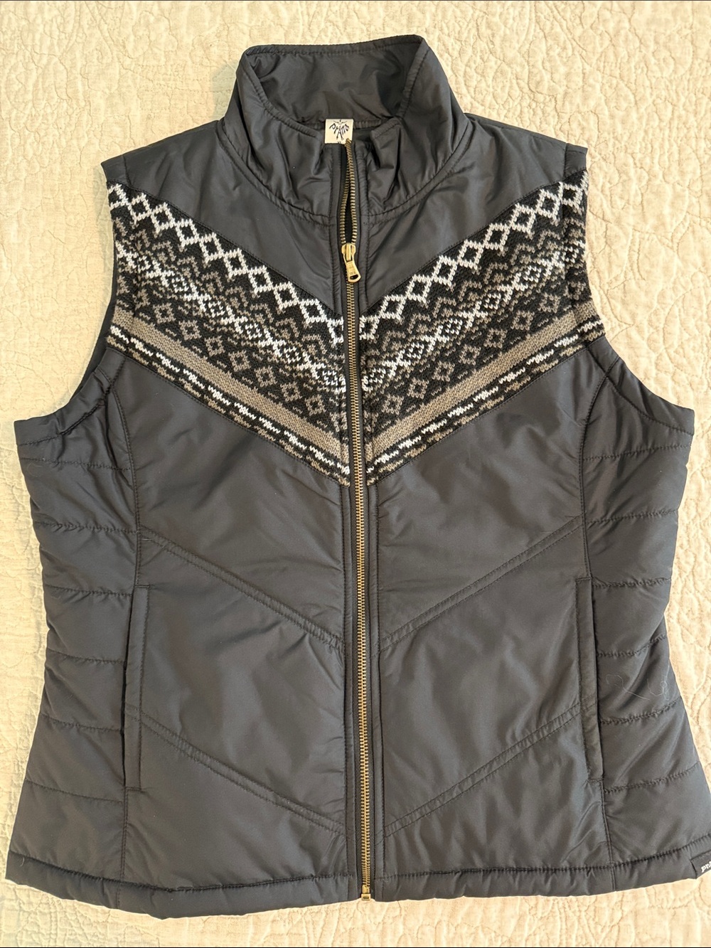 Prana Black Quilted Vest with Nordic Yoke, Sz XL